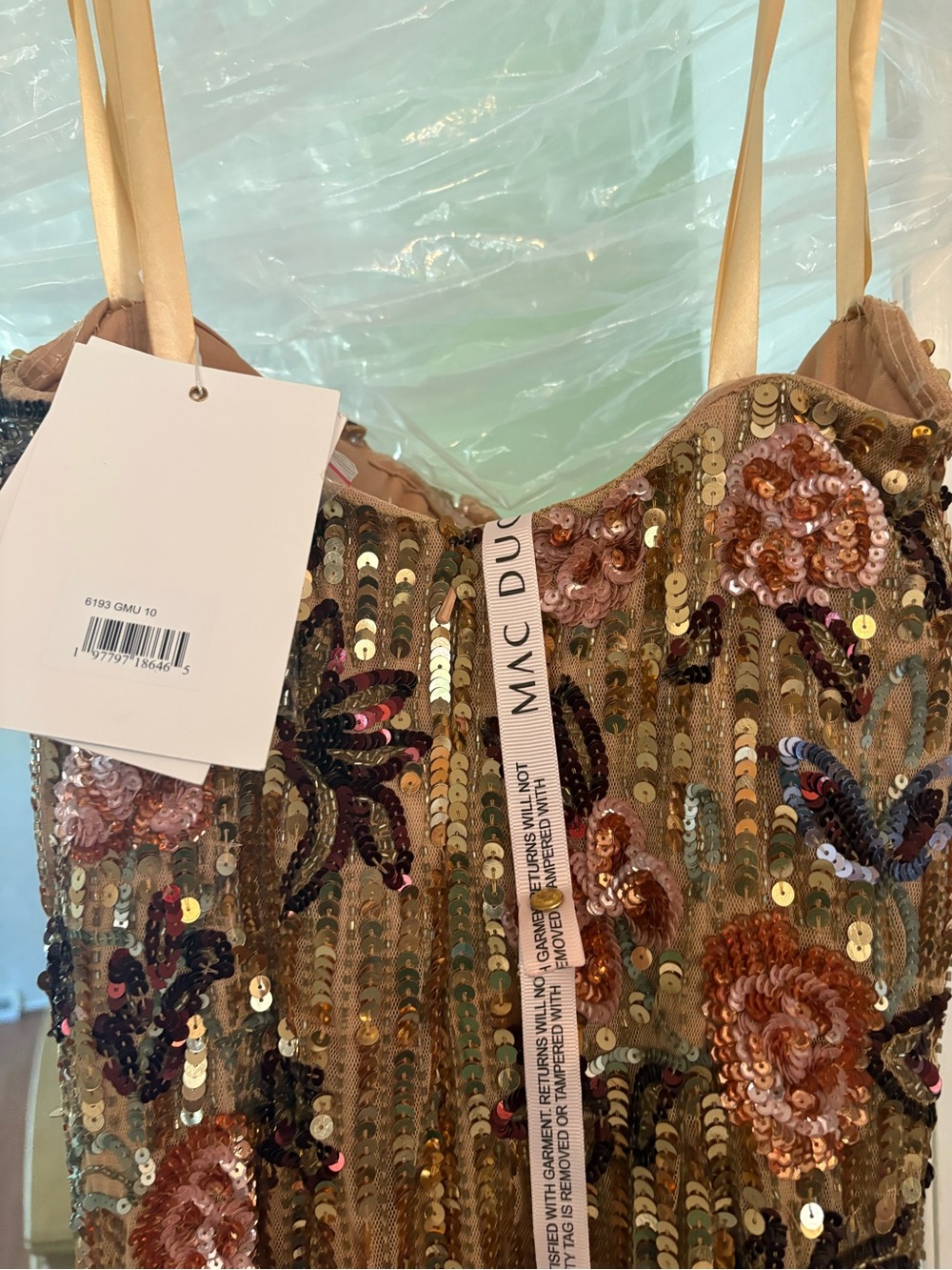 Mac Duggal Gold Sequin Floral Party Dress size NWT.